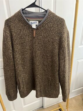Duluth Trading Co Men Shetland Wool Full Zip Ribbed Windproof Sweater Brown